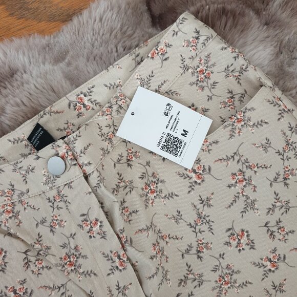 Forever 21 Ditsy Floral Print Flare Pants High Rise Khaki Size M Cotton Flowers - Picture 3 of 6